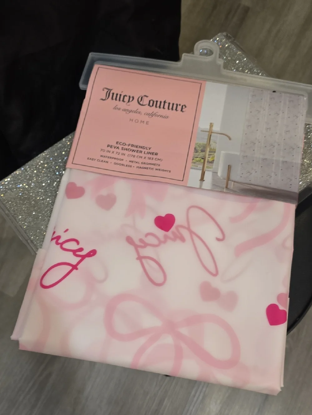 Juicy Couture Home Juicy Script Logo Hearts & Bows PEVA Shower Curtain Liner